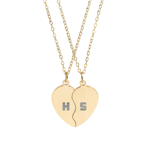 Break apart heart necklace set with engraved initials in silver, main view
