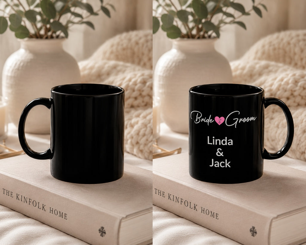 Bride and Groom mug held in hand – wedding keepsake gift