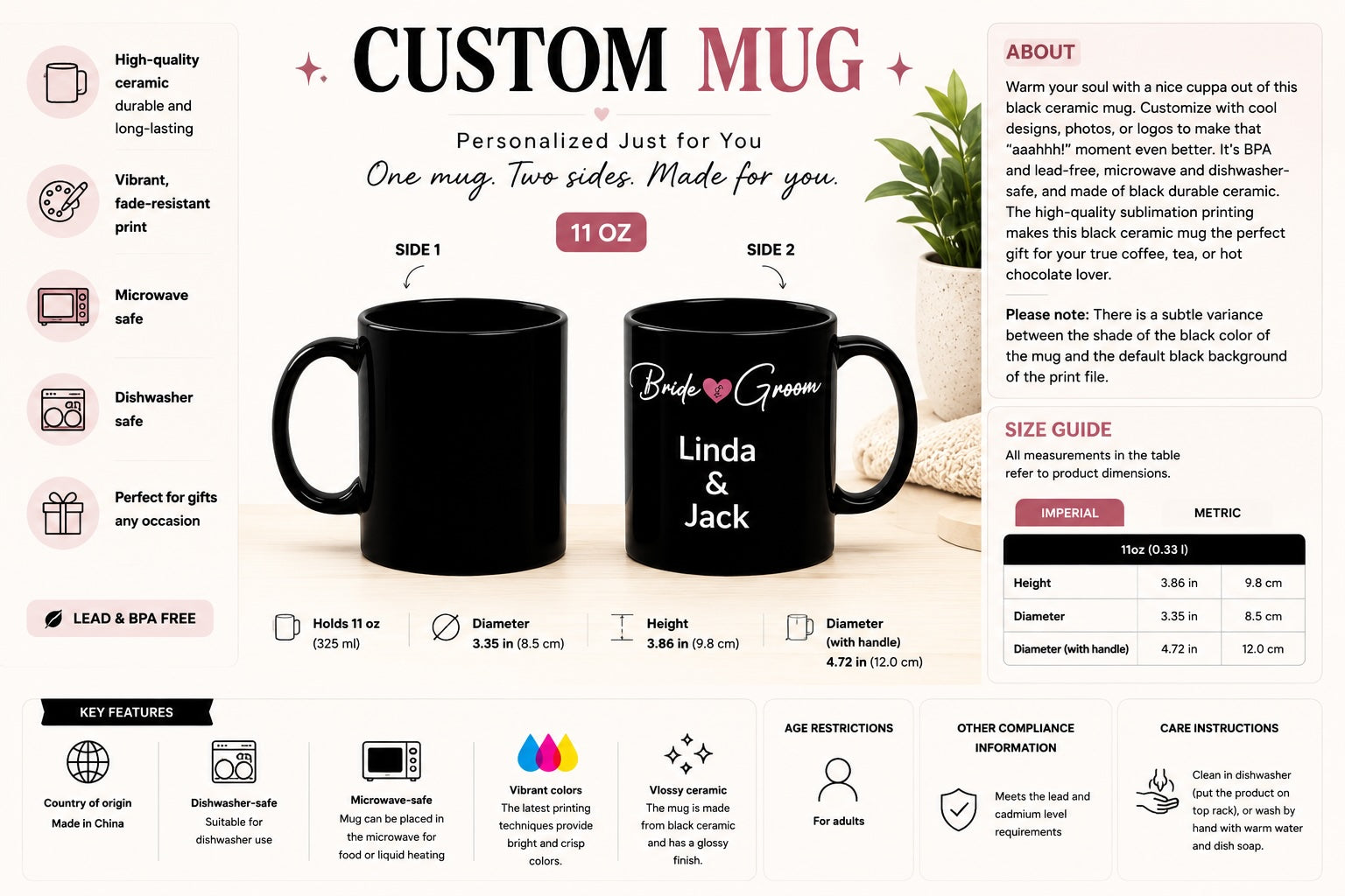 11oz Bride and Groom mug size and personalisation guide