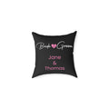 Black personalised Bride and Groom pillow with custom couple names in pink
