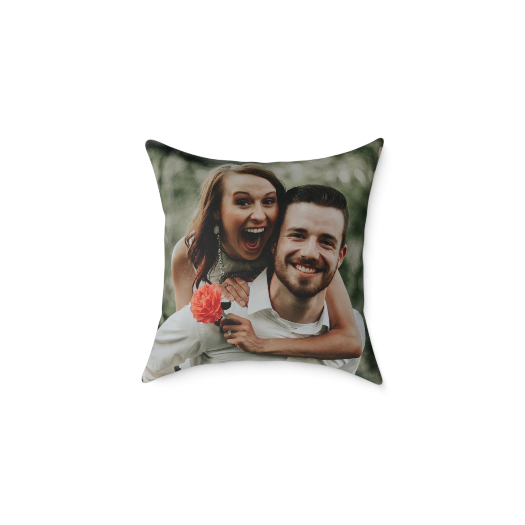 Bride and Groom cushion displayed on a bed – wedding gift idea