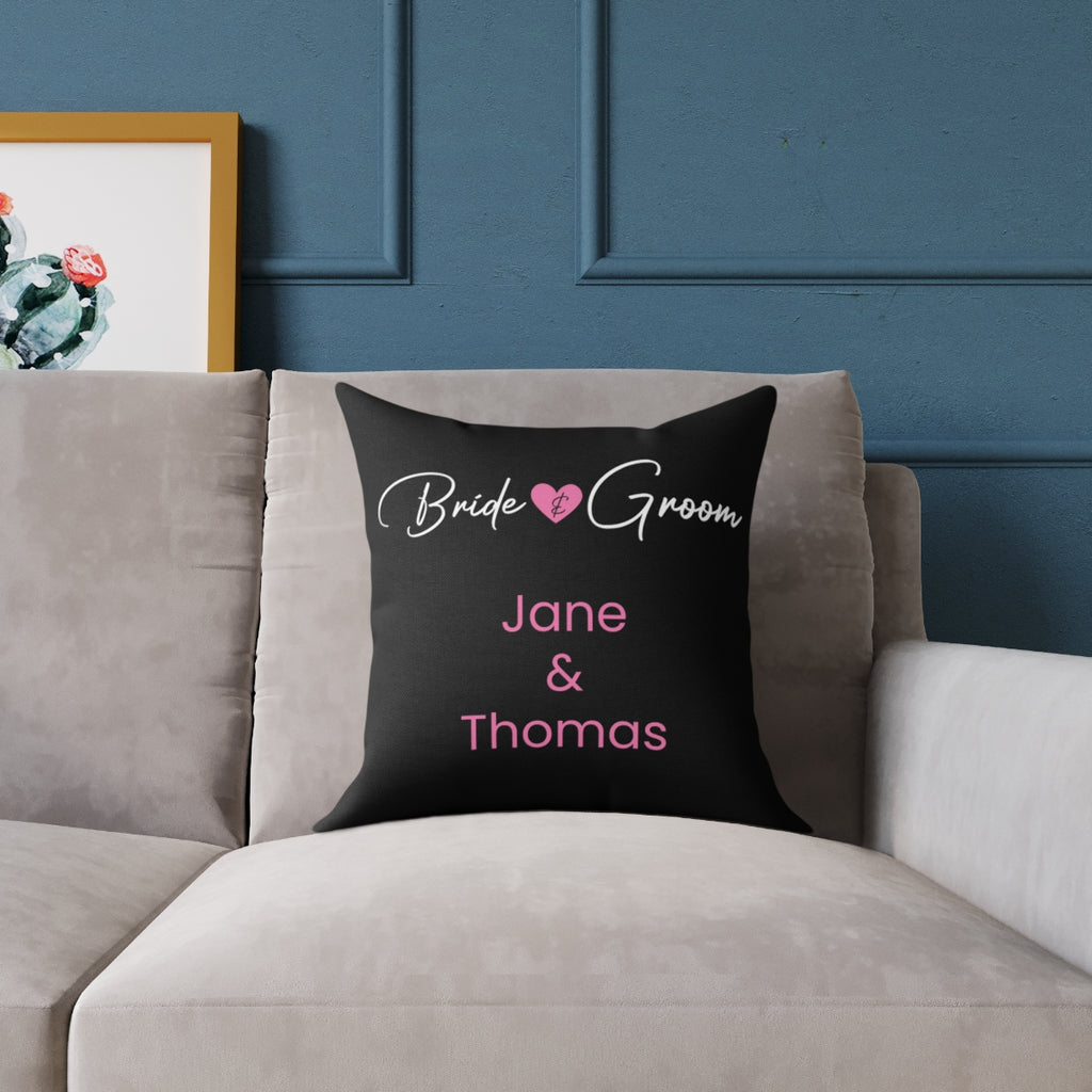 bride and groom pillow black personalized names