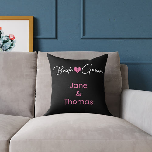 bride and groom pillow black personalized names