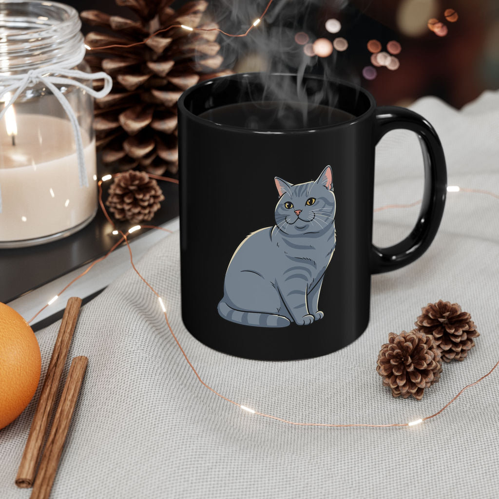 British Shorthair black mug in cosy setting - lifestyle photo