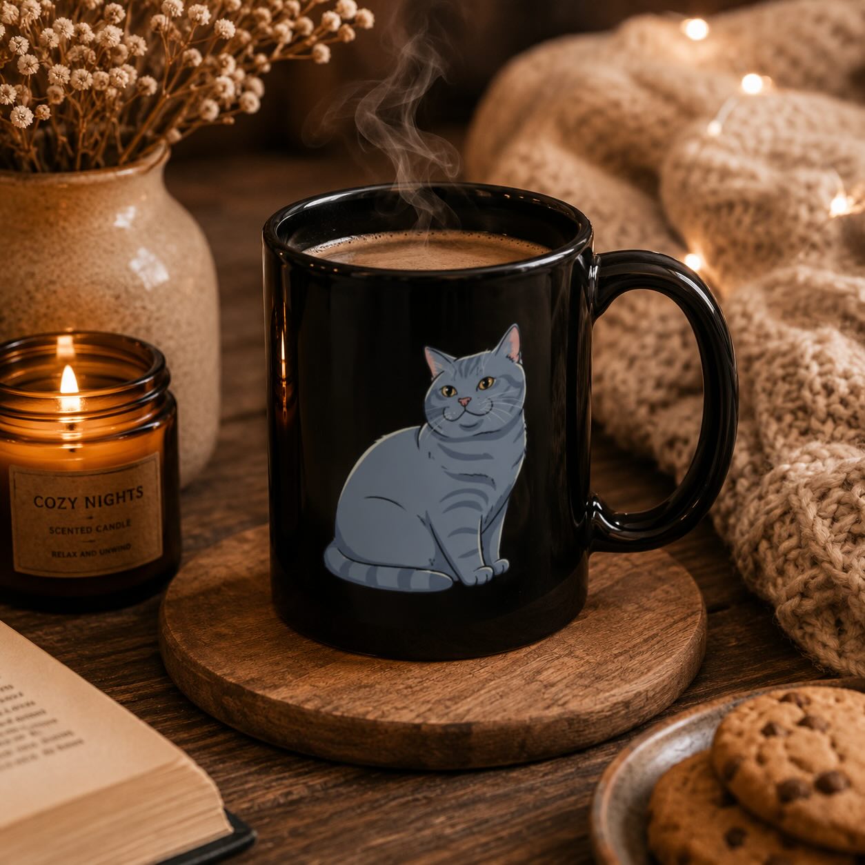 British Shorthair cat black mug styled with candle, dried flowers, cookies, and cozy knit blanket