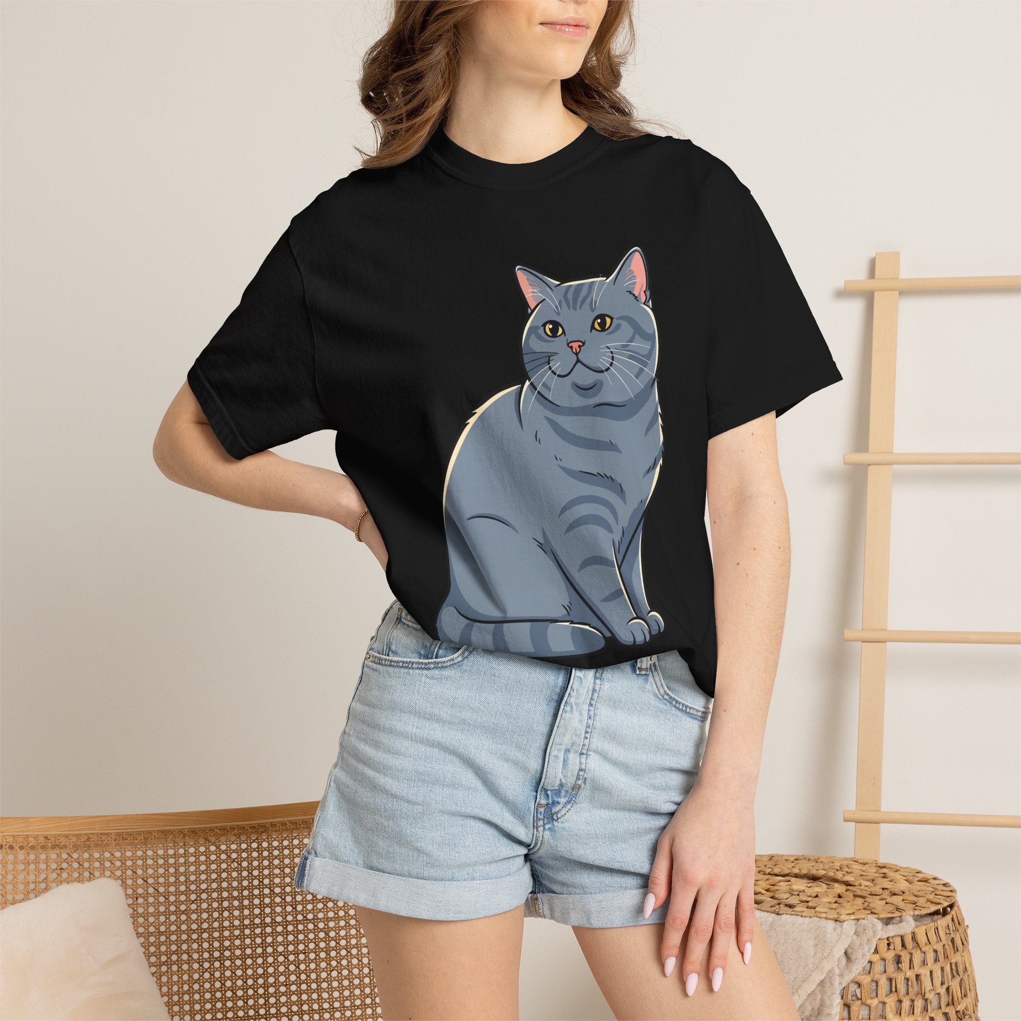 Woman wearing personalised British Shorthair cat T-shirt - lifestyle photo