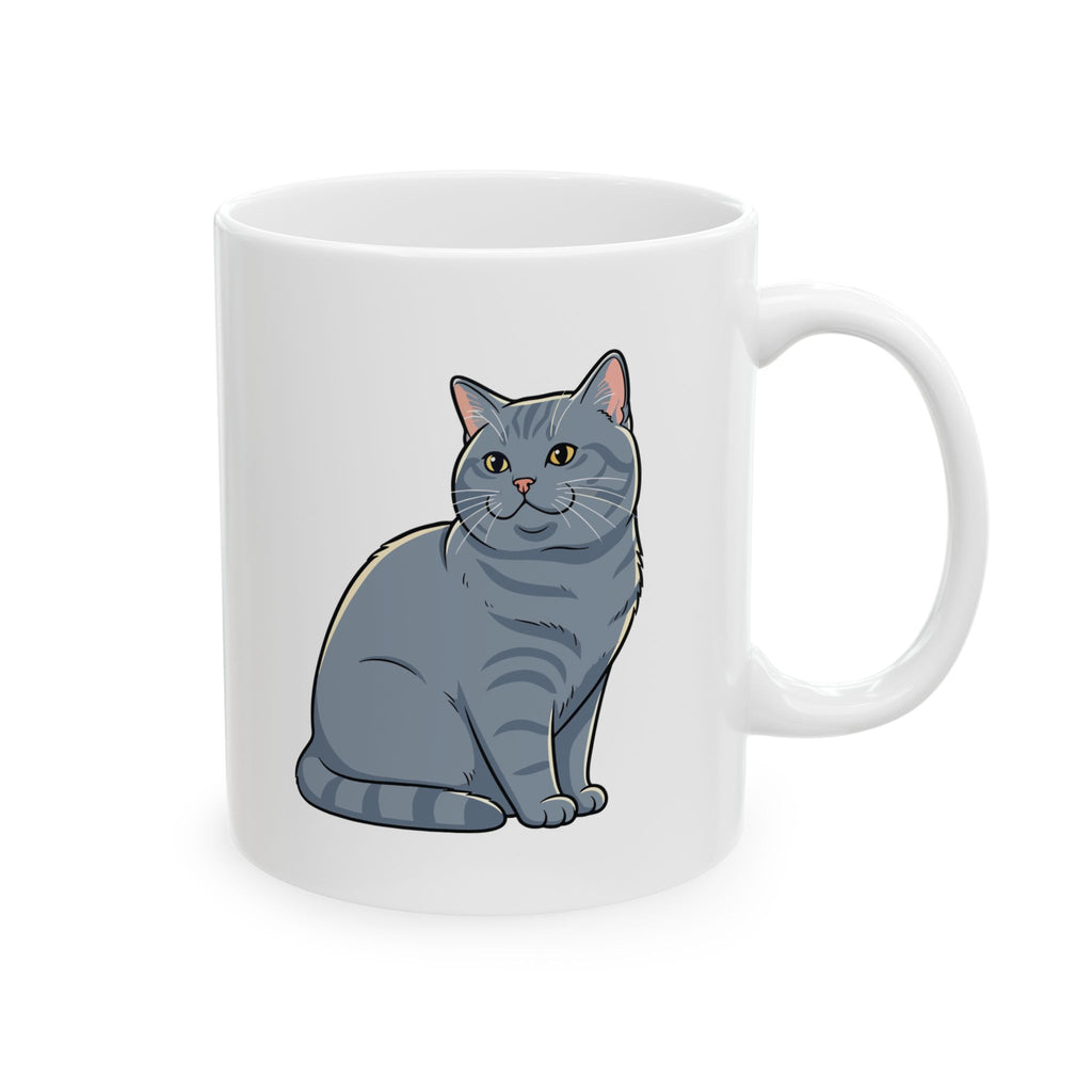 Personalised British Shorthair cat mug with custom name - grey cat illustration on white 11oz ceramic mug