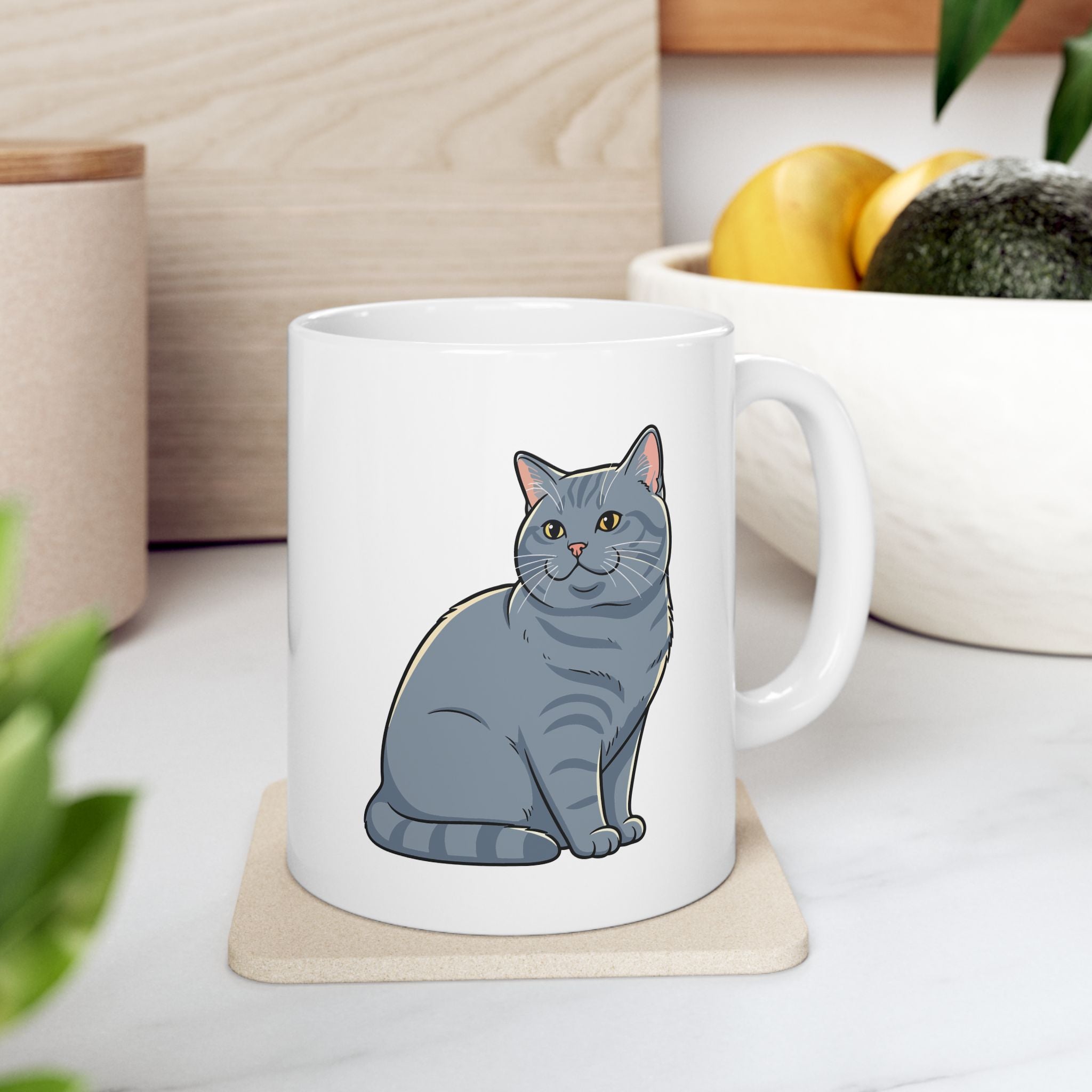 British Shorthair cat custom name mug held in hand - lifestyle photo