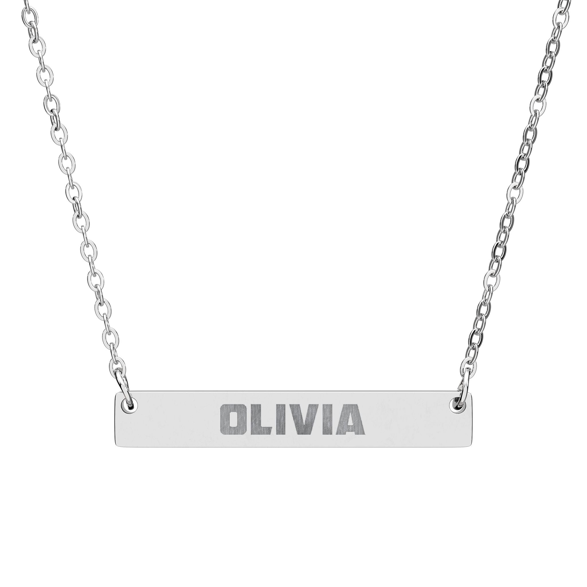 Personalised brushed bar necklace with bold font custom name, main view