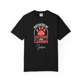 Funny dog lover T-shirt with custom name - Caffeine and Canines badge design front view