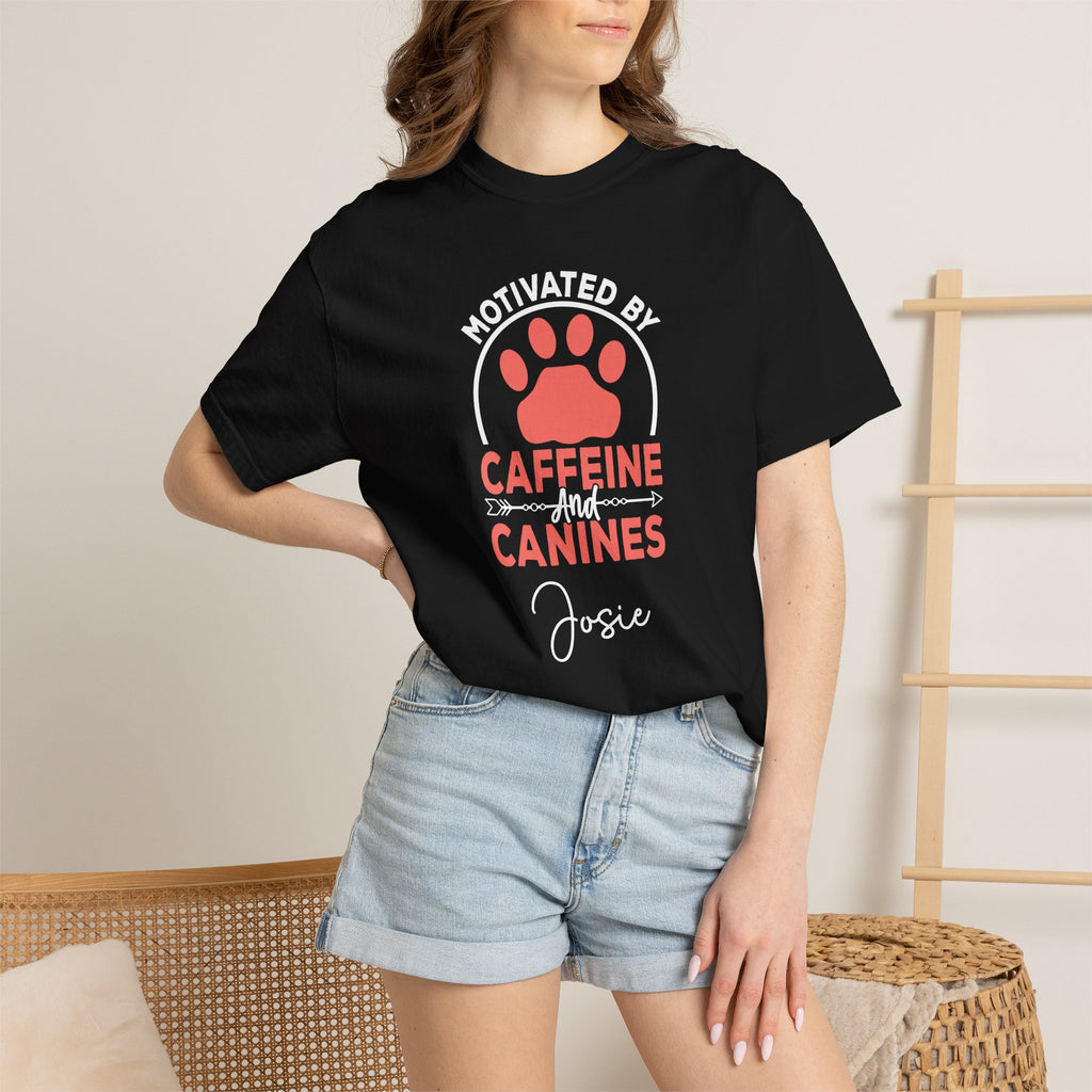 Woman on sofa wearing Caffeine and Canines dog lover tee