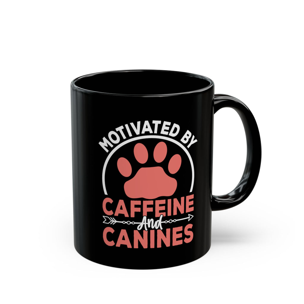 Motivated by Caffeine and Canines black mug with paw print design - front view