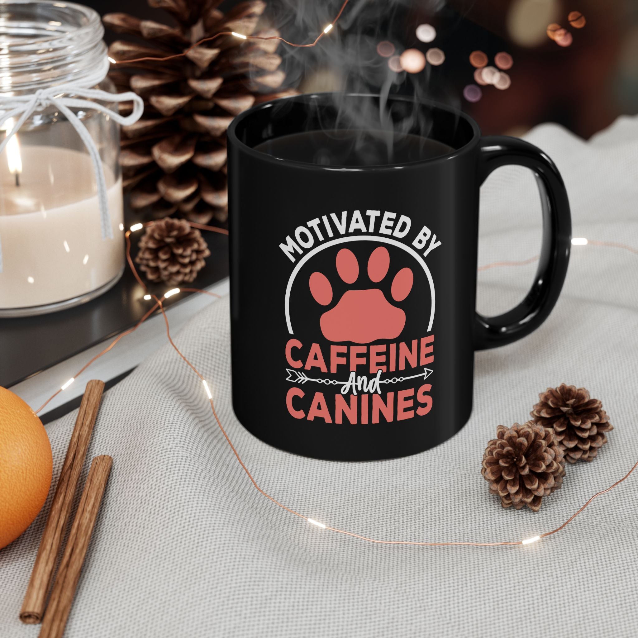 Caffeine and Canines custom name black mug in cosy setting