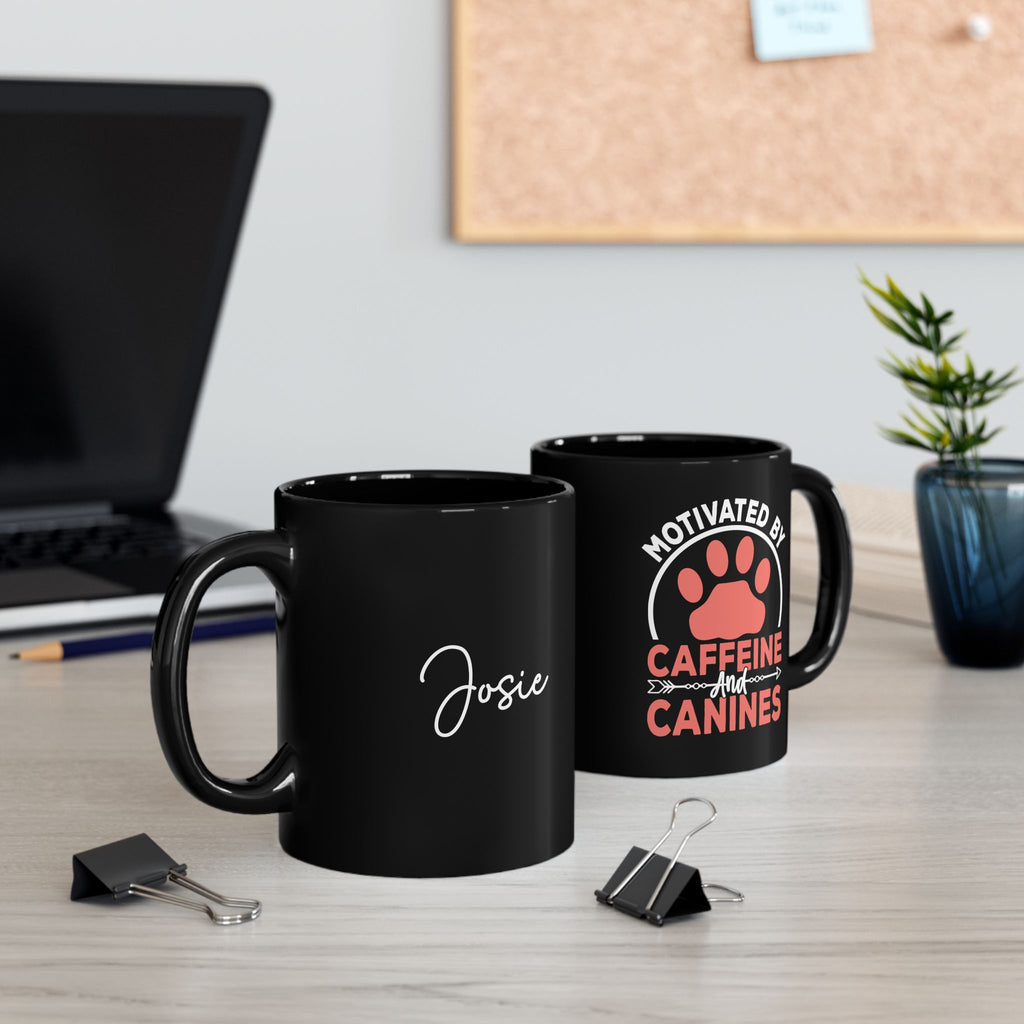 Caffeine and Canines dog lover black mug on desk - lifestyle photo