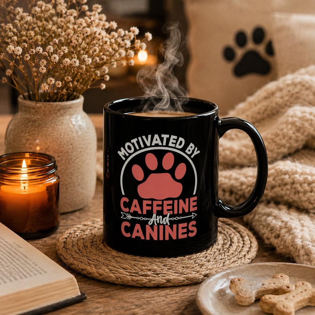 Motivated by Caffeine and Canines black mug styled with candle, dried flowers, book, and dog treats