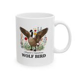 Personalised Stupid Canadian Wolf Bird mug with custom name - goose wildflower illustration on white 11oz ceramic mug