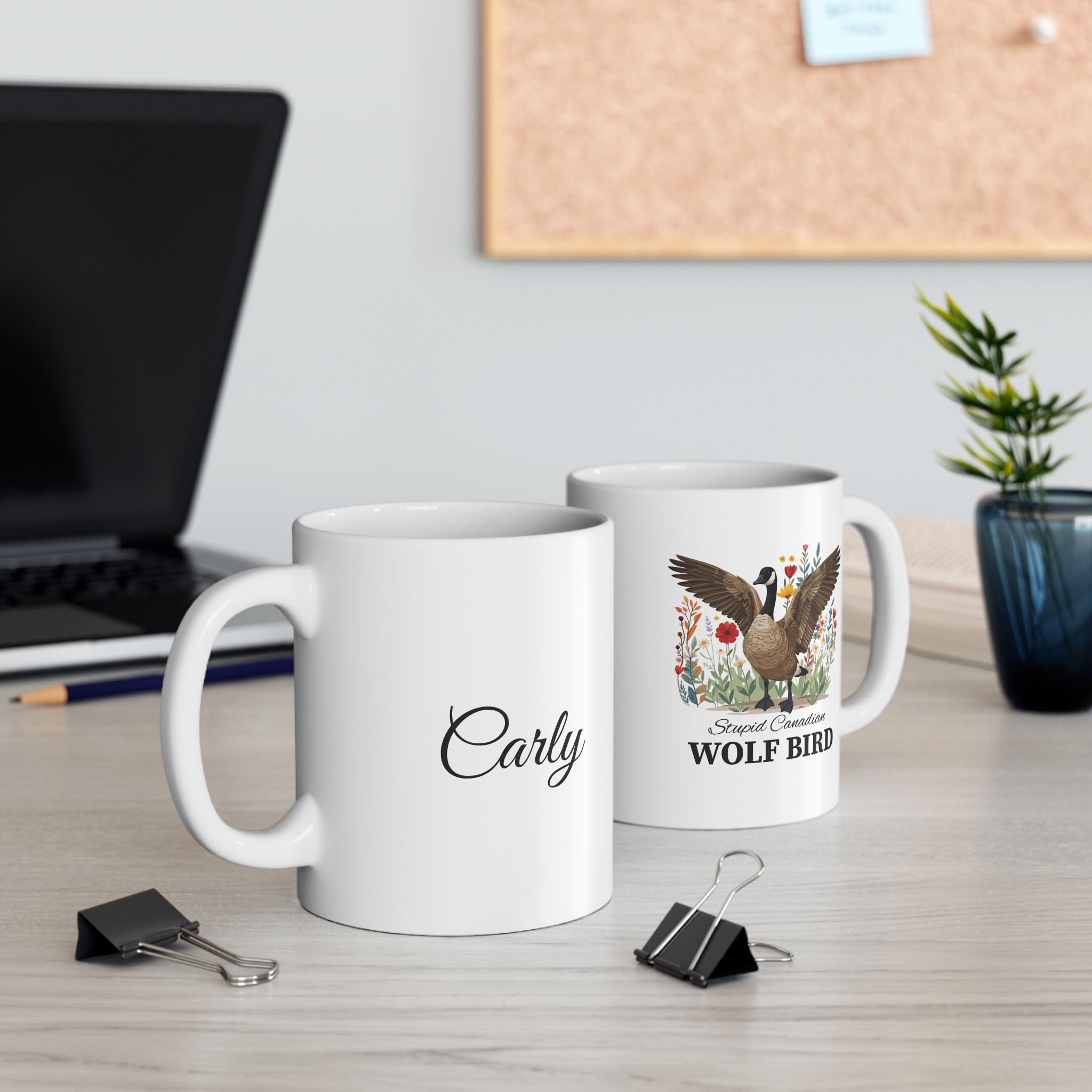 Personalised Canadian Wolf Bird funny mug on desk - lifestyle photo