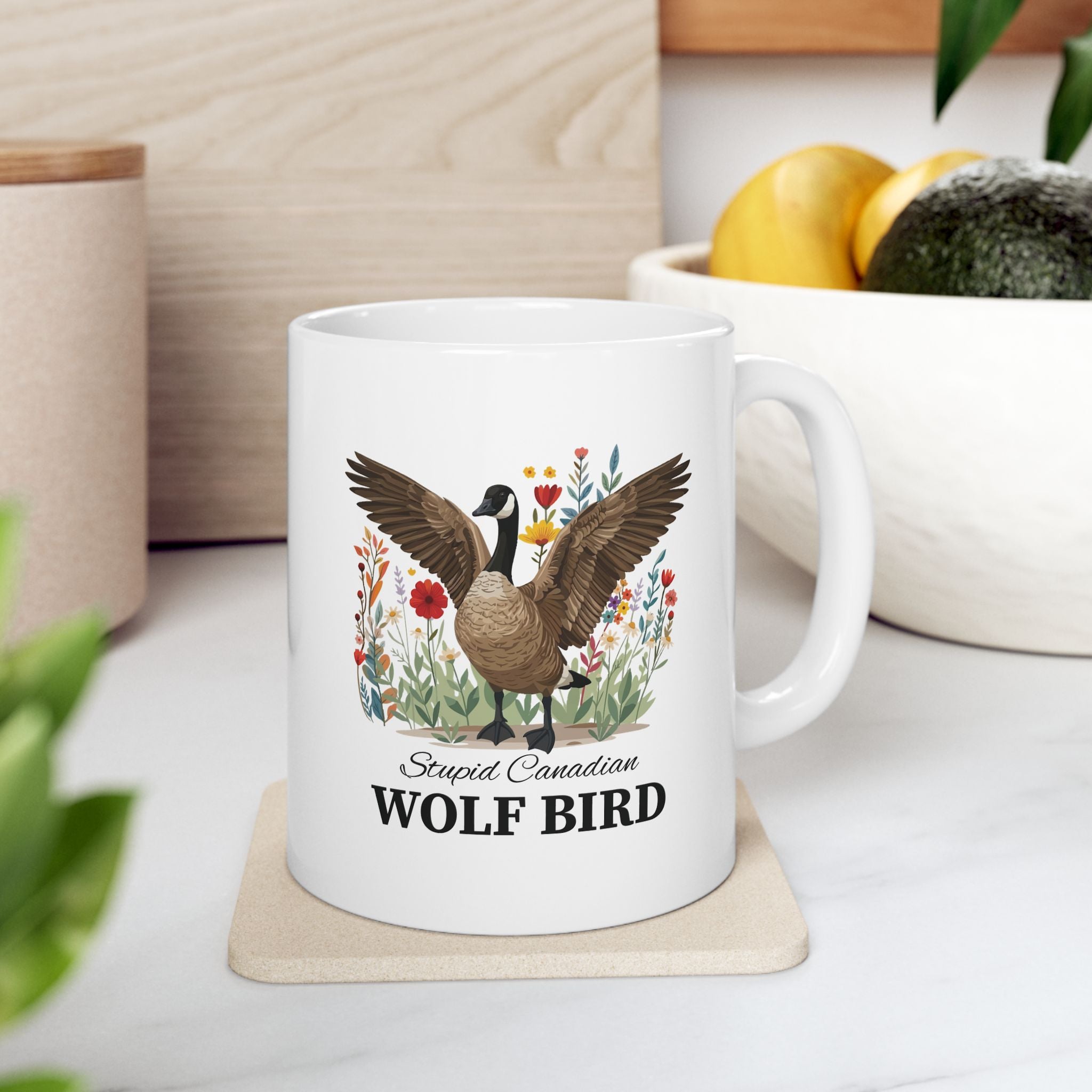 Stupid Canadian Wolf Bird custom name mug held in hand - lifestyle photo