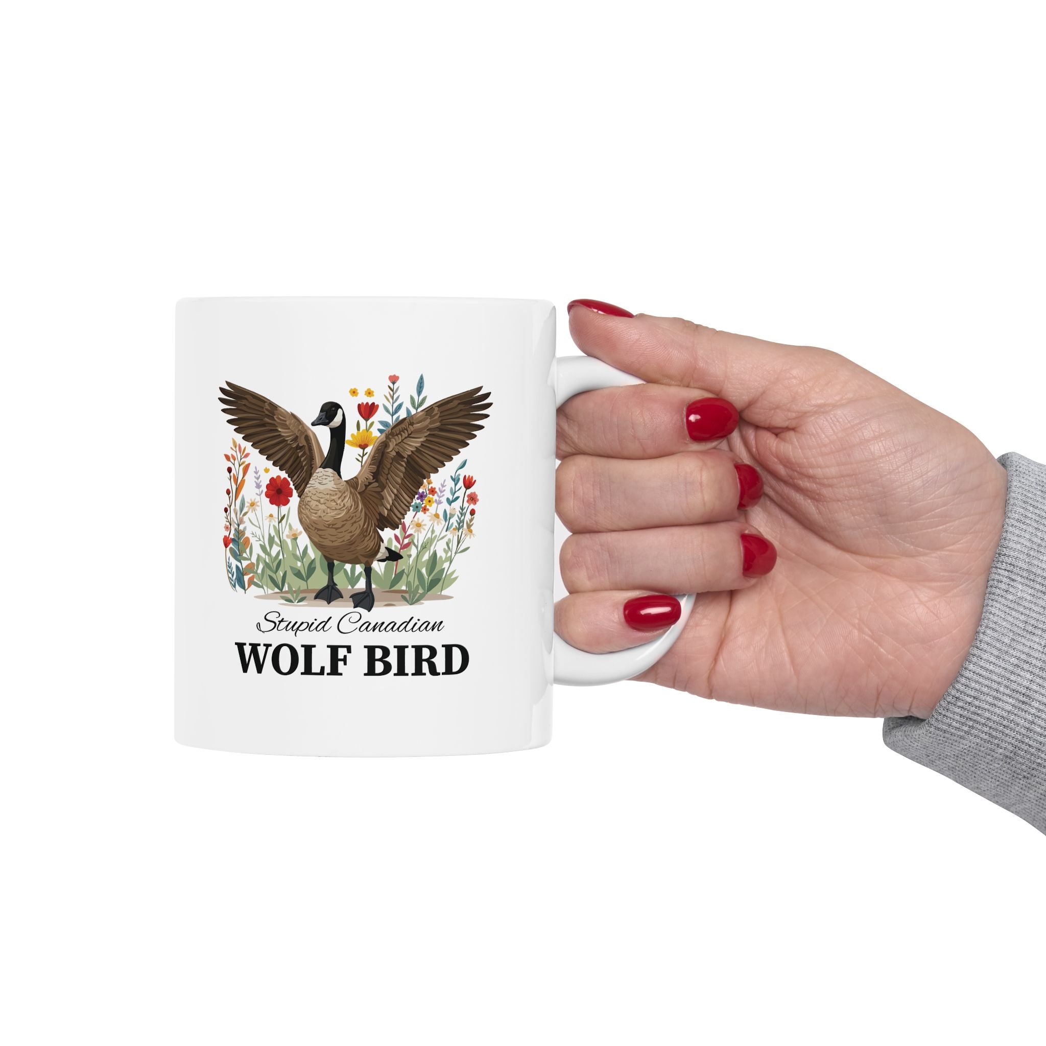 Personalised Stupid Canadian Wolf Bird 11oz white mug size reference