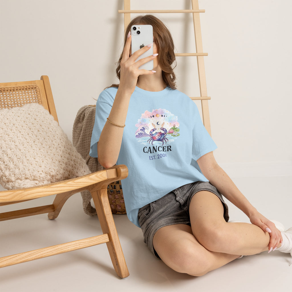 Close-up of ribbed collar and shoulder tape on Cancer tee