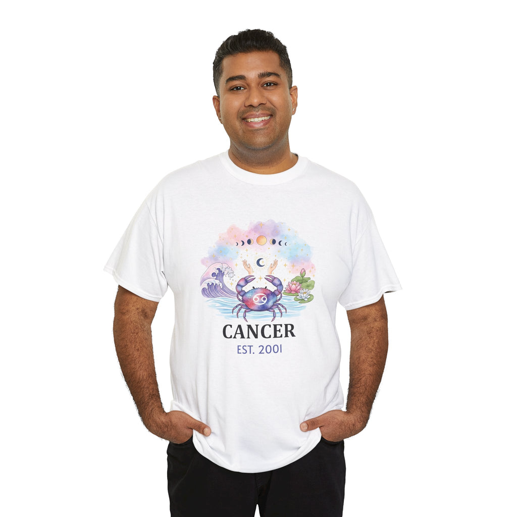 Model wearing personalized Cancer zodiac t-shirt, front view