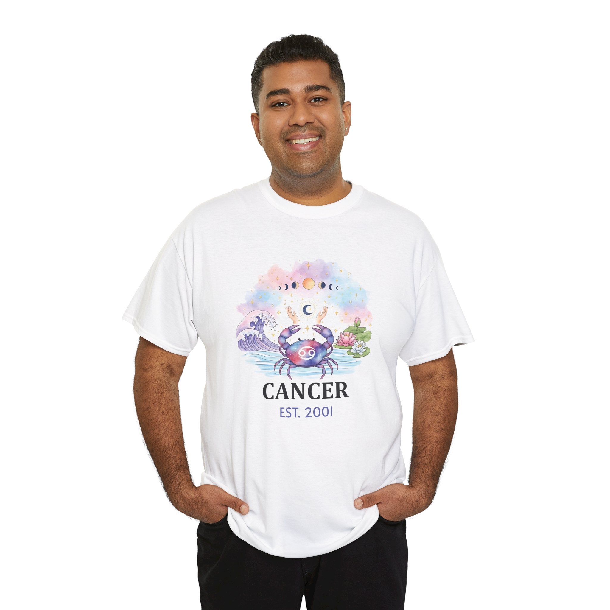 Model wearing personalized Cancer zodiac t-shirt, front view