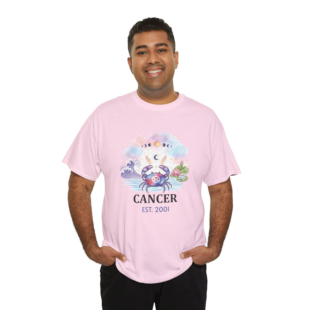 Close-up of personalized EST. year text on Cancer zodiac tee