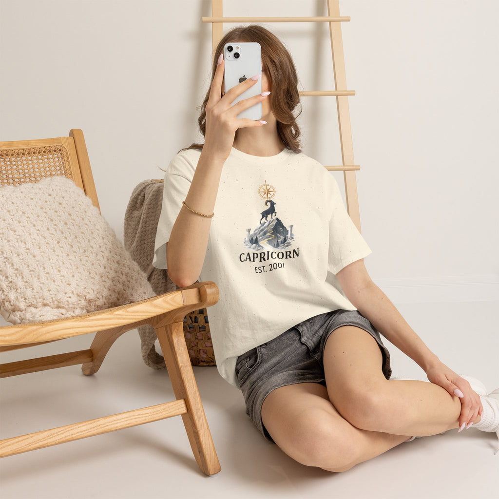 Close-up of ribbed collar and shoulder tape on Capricorn tee