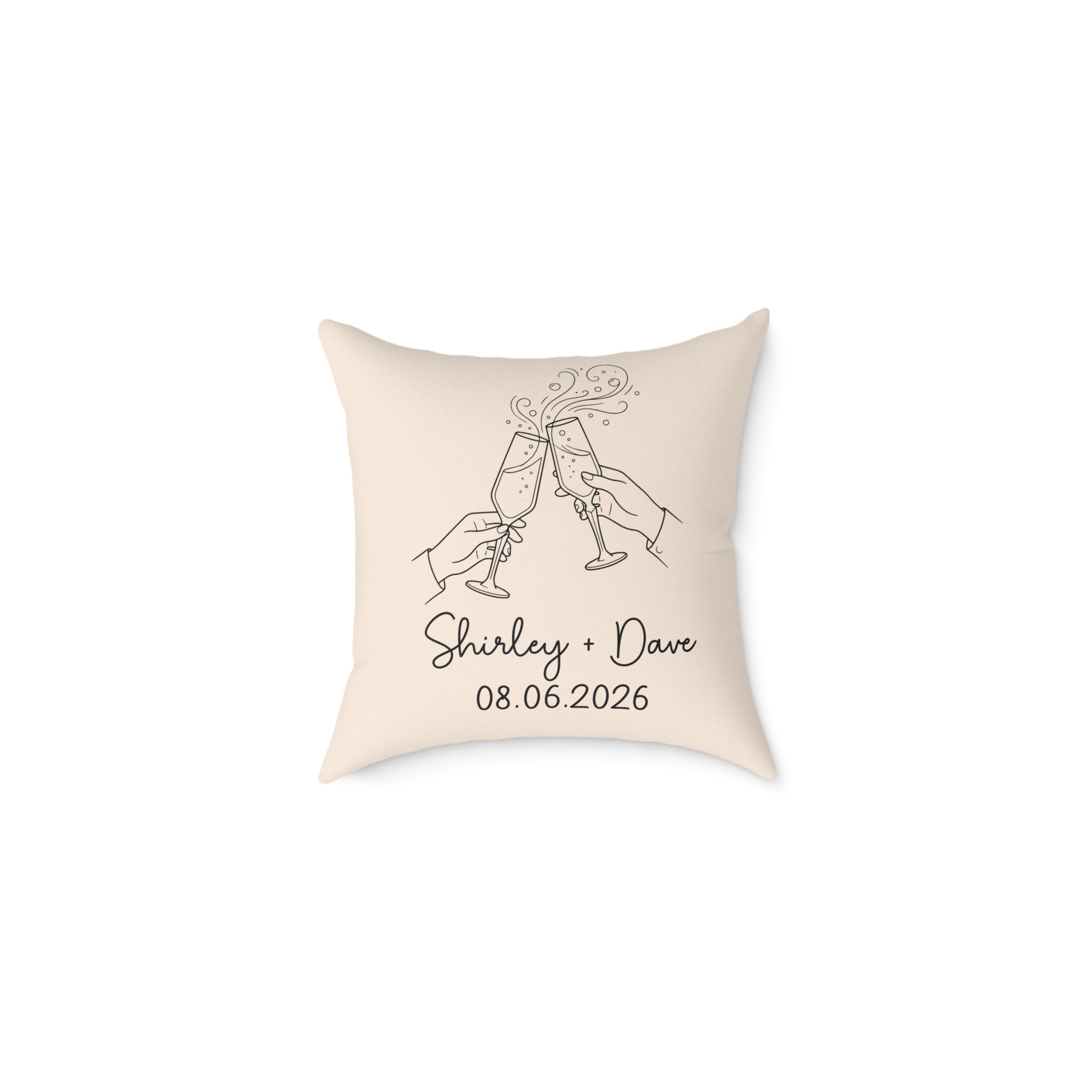 Cream personalised champagne toast pillow with couple names and date