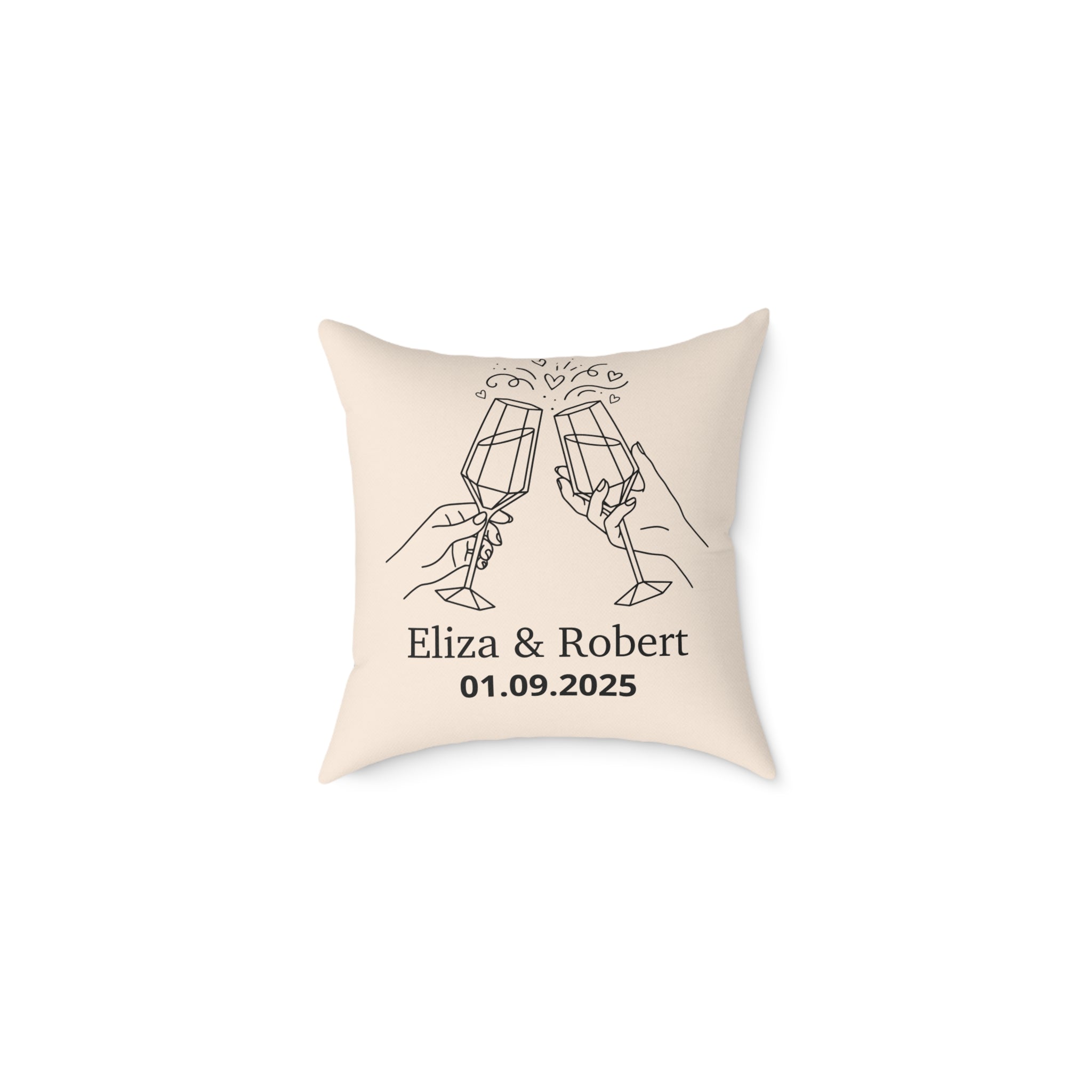 Cream personalised champagne toast pillow with custom names and date – front view