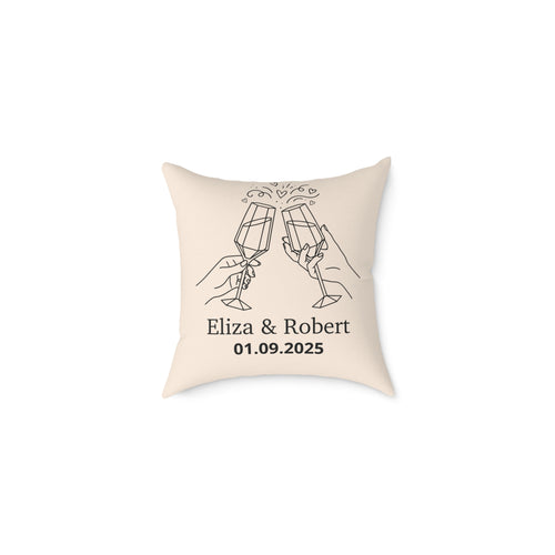 Cream personalised champagne toast pillow with custom names and date – front view