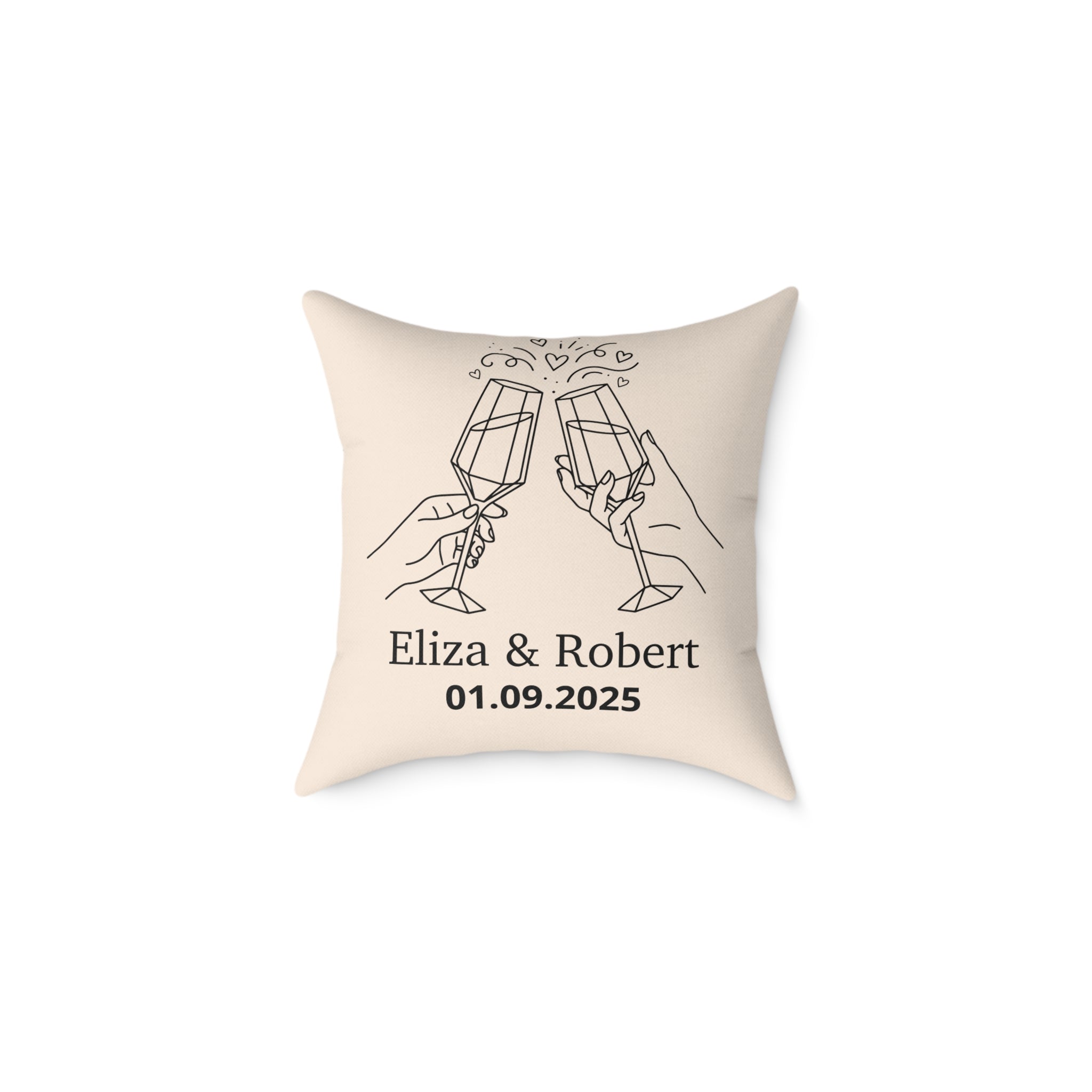 Custom cream champagne toast cushion on a sofa – couple gift idea