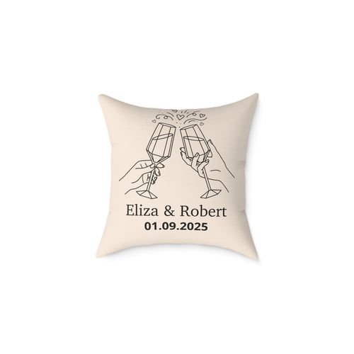 Custom cream champagne toast cushion on a sofa – couple gift idea