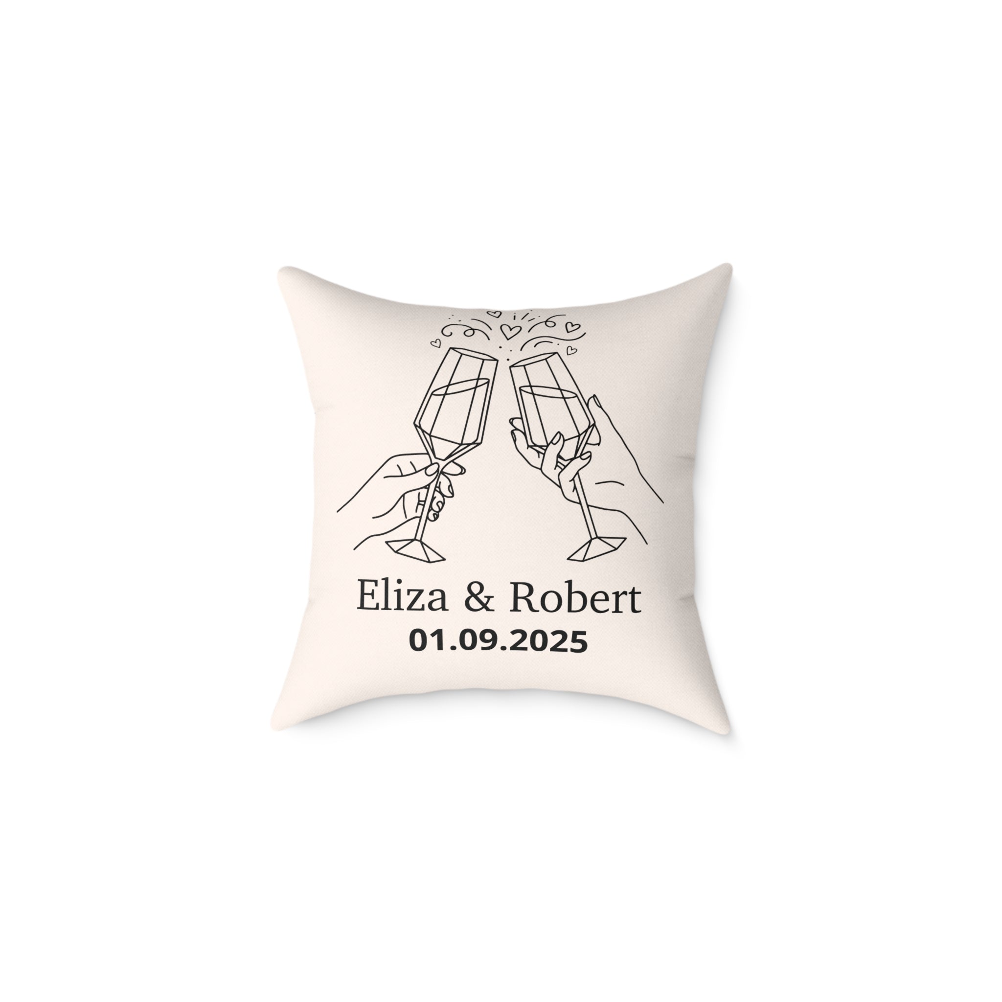 Custom cream couple cushion on a sofa – anniversary gift