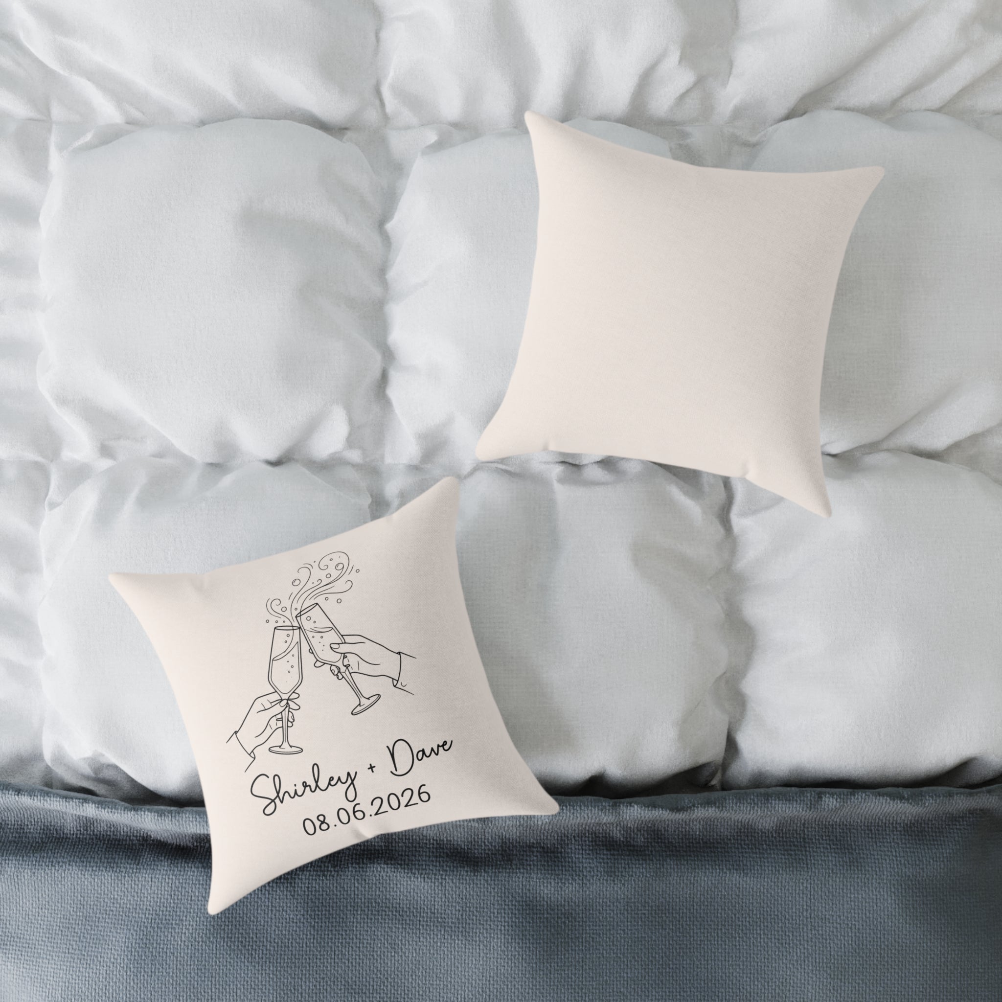 Back view of ivory champagne toast personalised cushion