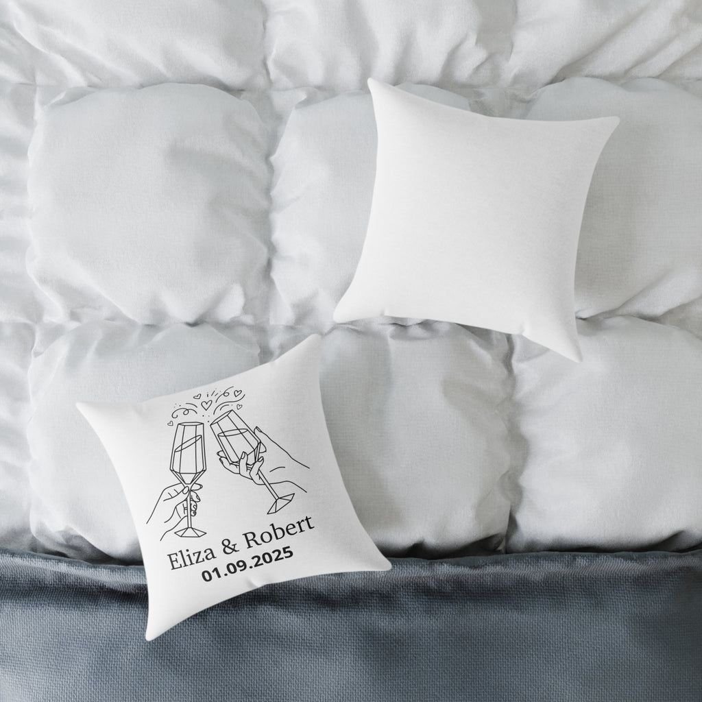 Back view of white champagne toast personalised cushion