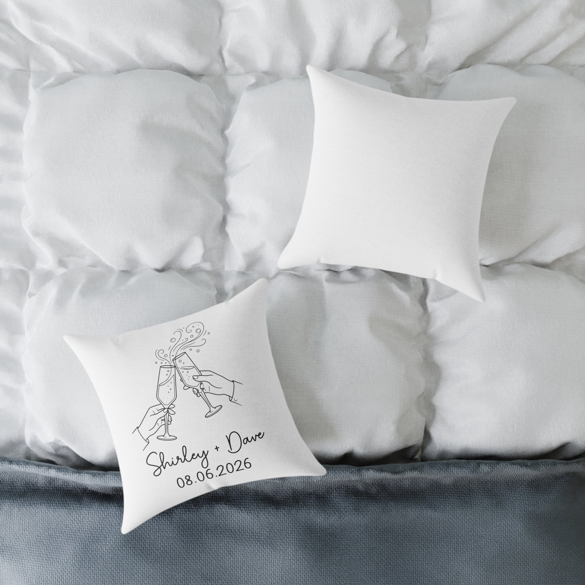 Back view of white champagne toast personalised cushion