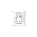 White personalised champagne toast pillow with couple names and date