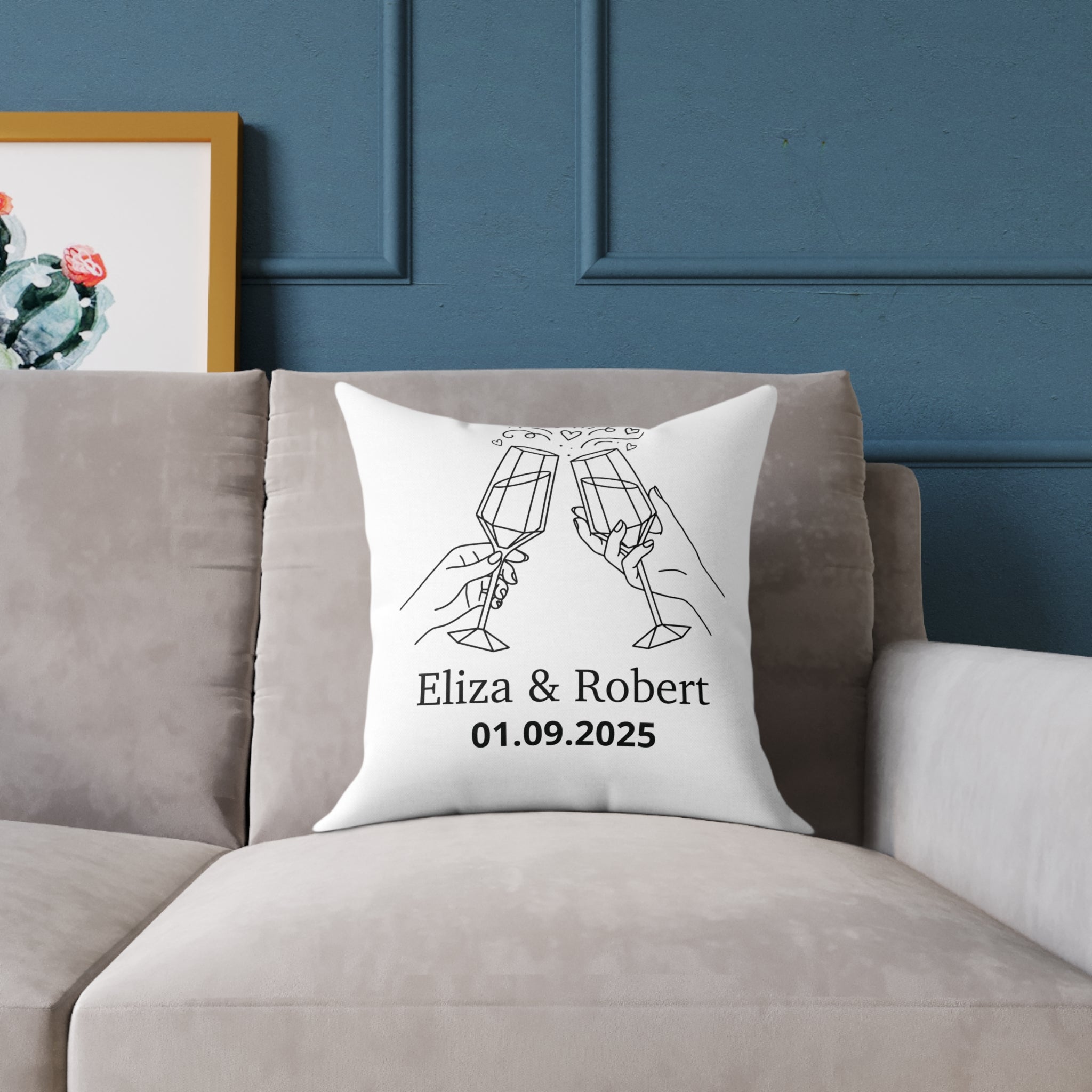White personalised couple pillow in a bright living room