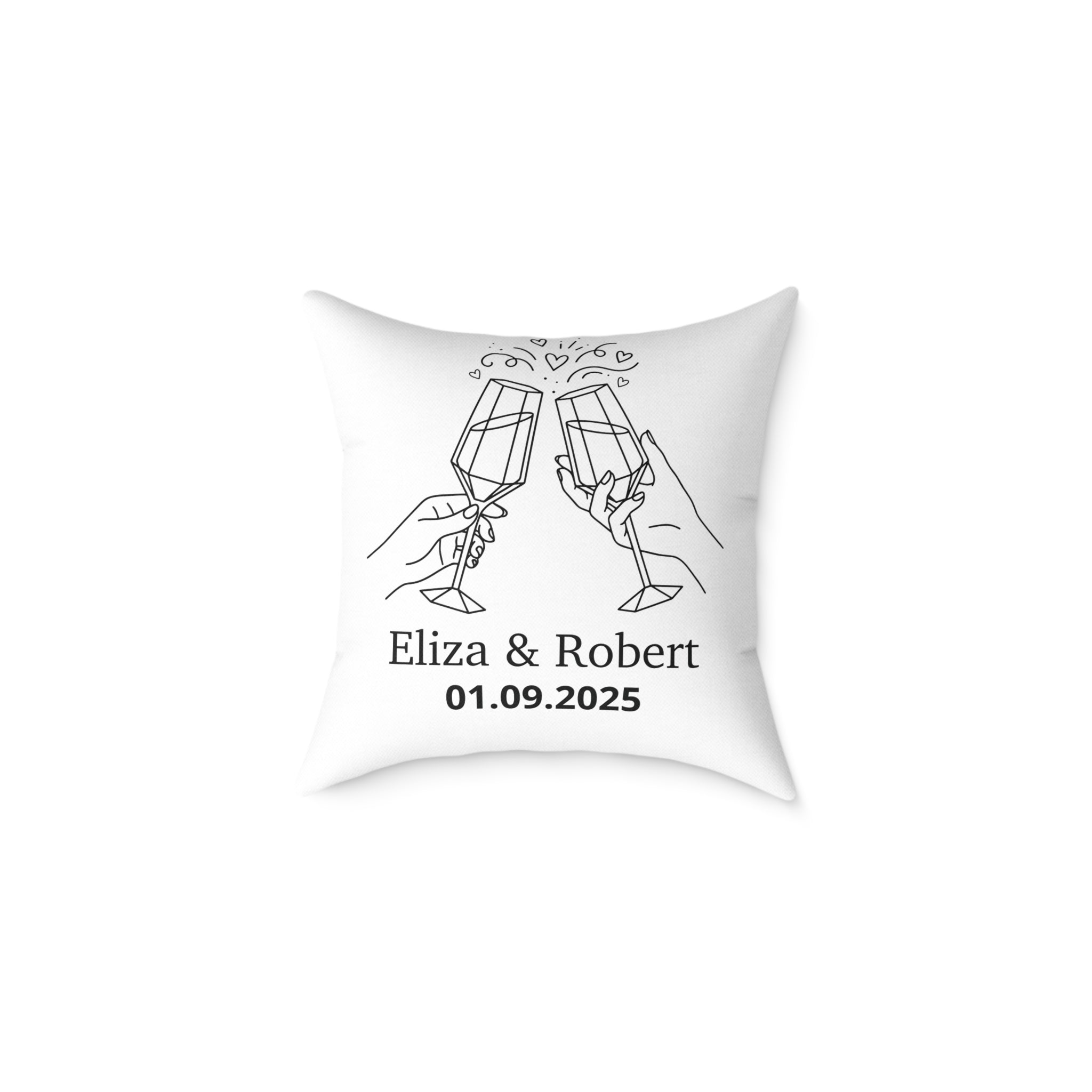 White custom couple cushion on a sofa – wedding gift idea