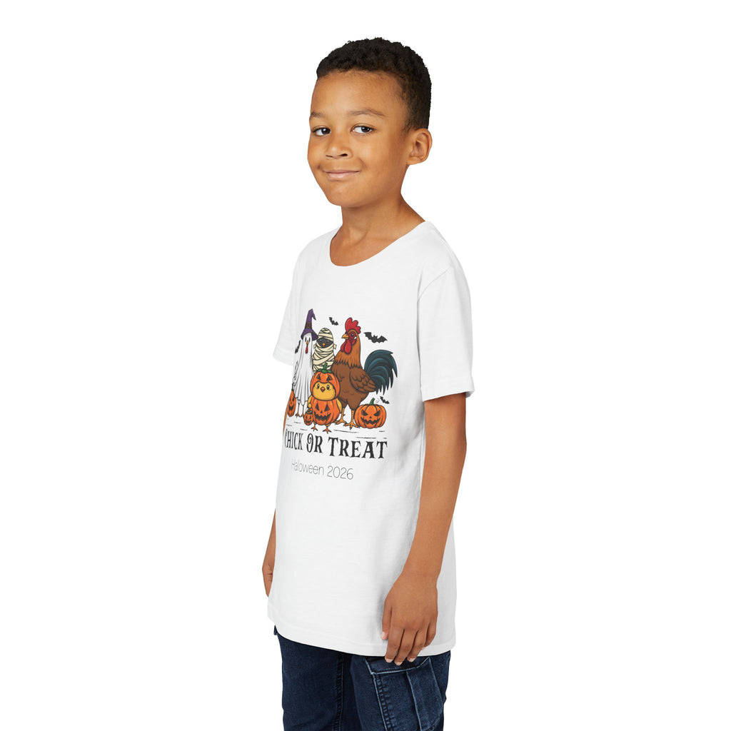 Close-up of Chick or Treat Halloween tee graphic showing ghost, mummy chick and rooster