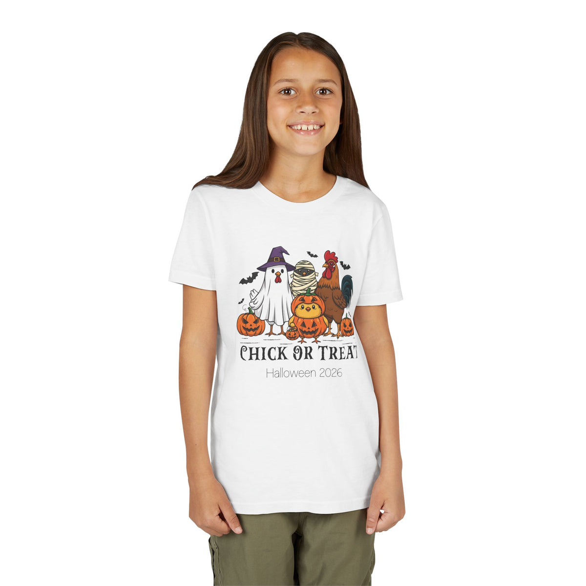 Girl wearing Chick or Treat Halloween t-shirt, front view