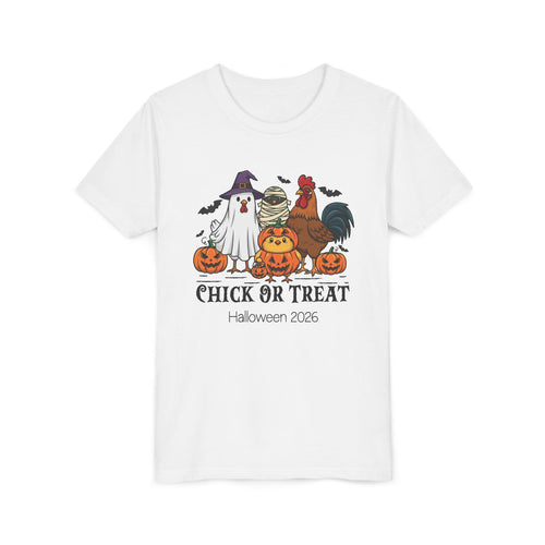 Chick or Treat kids Halloween t-shirt, front flat lay with ghost hen, mummy chick and rooster graphic