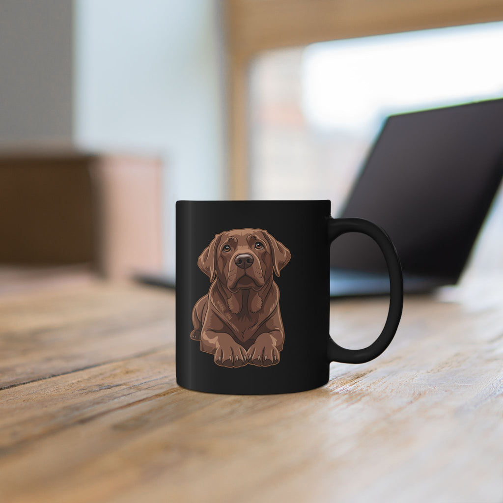 Close-up of Chocolate Labrador illustration on personalised black ceramic mug
