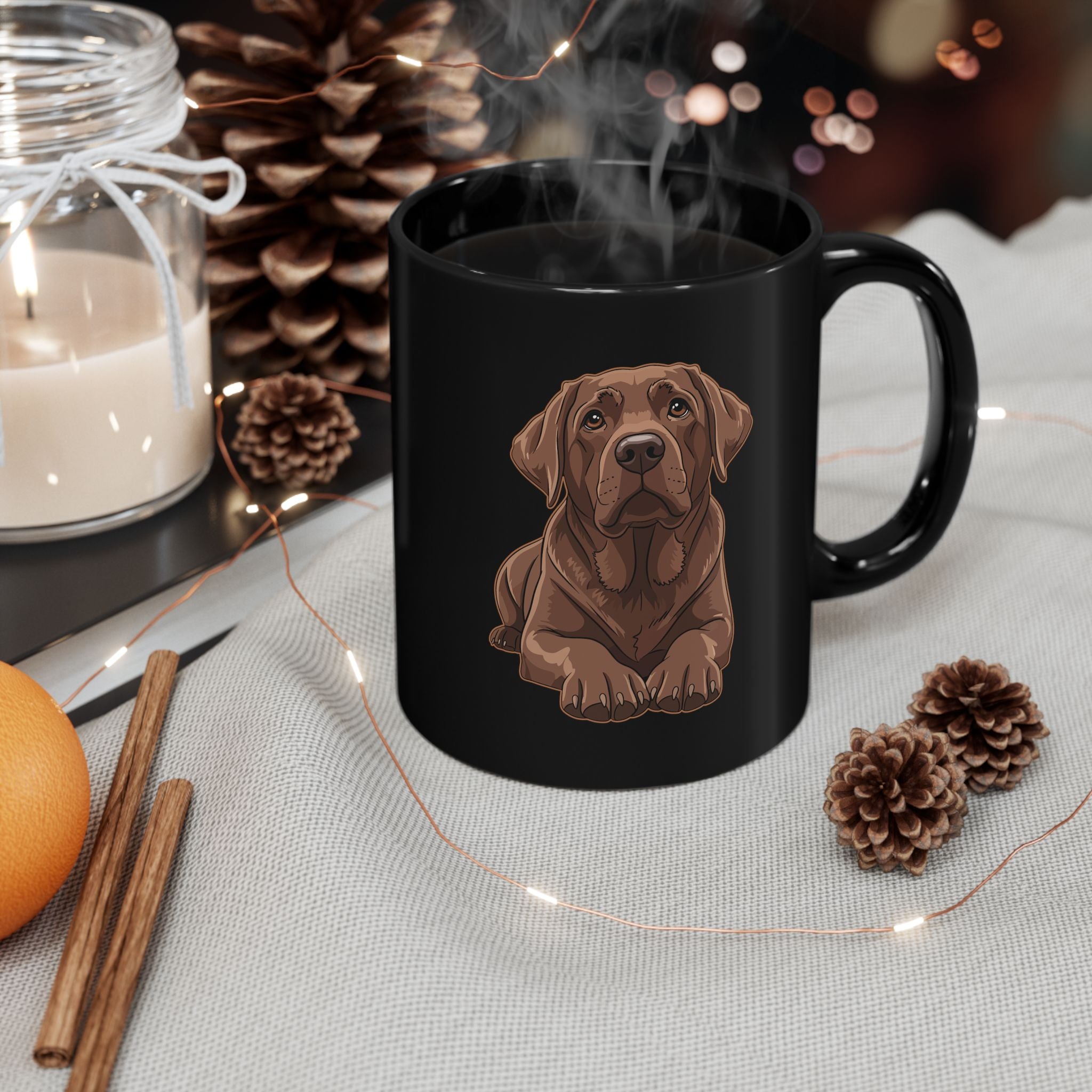 Chocolate Lab black mug in cosy setting - lifestyle photo
