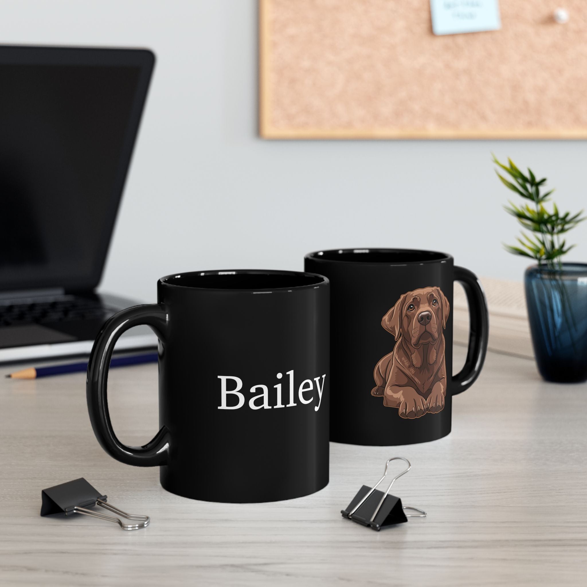 Personalised Chocolate Labrador black mug on desk - lifestyle photo