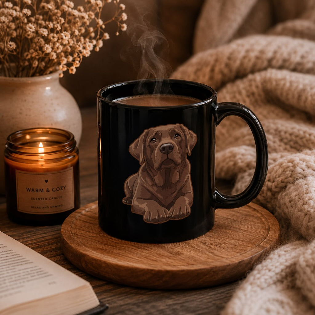 Chocolate Labrador black mug styled with candle, dried flowers, and cozy knit blanket