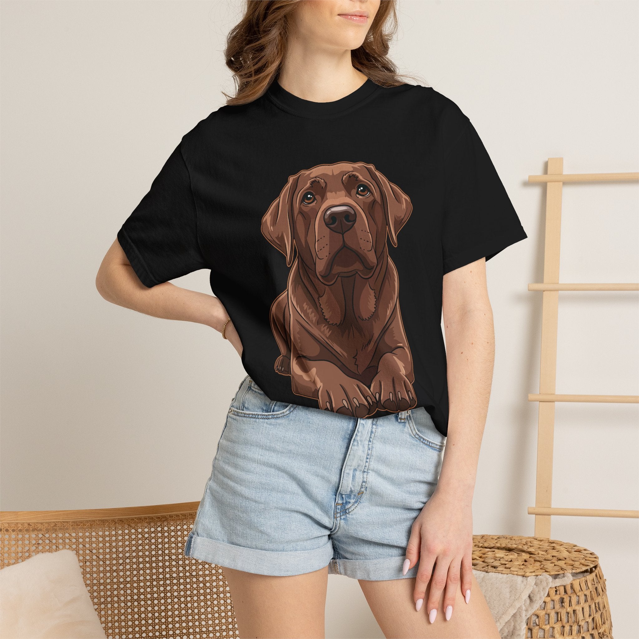 Woman wearing personalised Chocolate Labrador T-shirt - lifestyle photo
