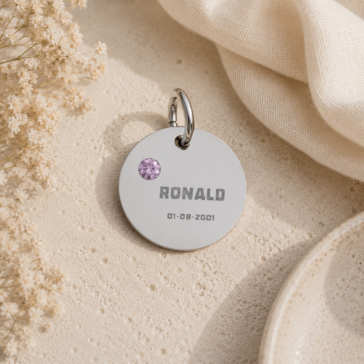 Personalised Circle Birthstone Charm, Bold Font, lifestyle flat lay shot