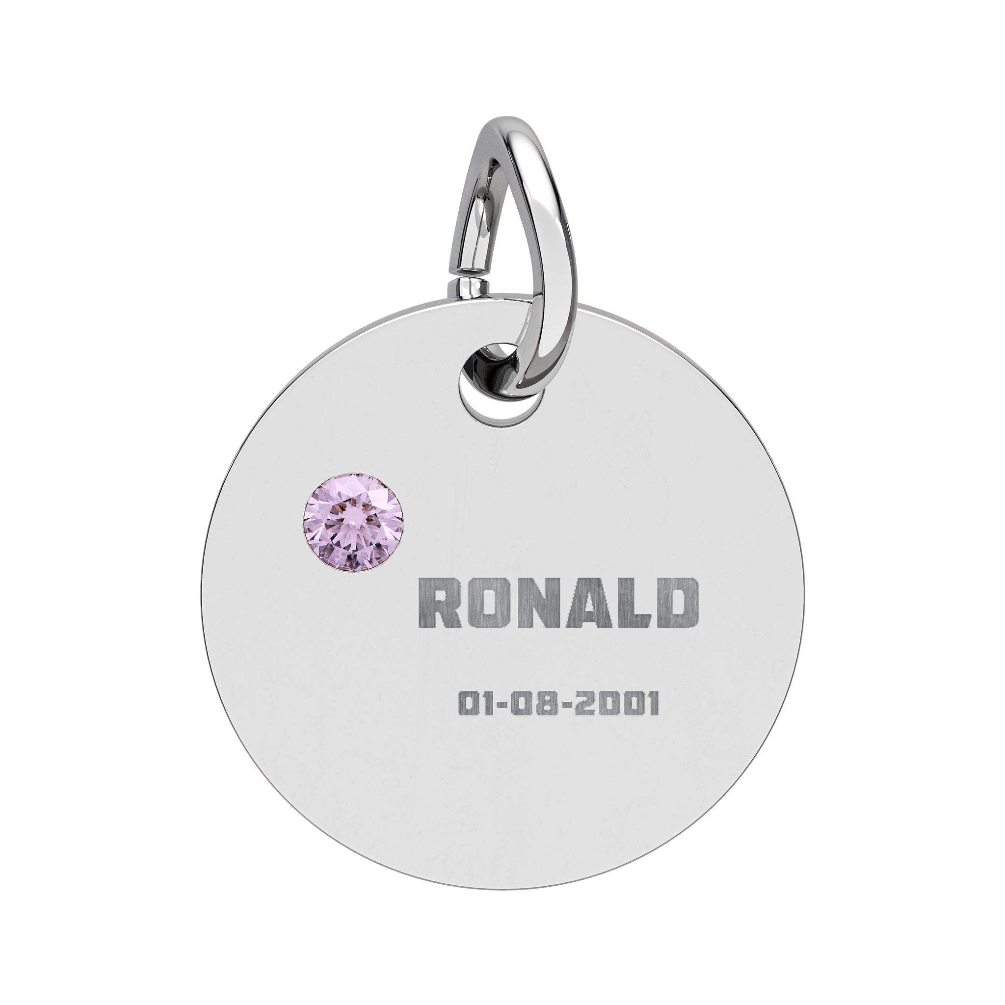Personalised Circle Birthstone Charm, Bold Font, stainless steel with Alexandrite birthstone
